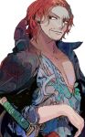  1boy absurdres black_coat center_opening coat coat_on_shoulders facial_hair highres looking_to_the_side male_focus one_piece pectorals redhead scar scar_across_eye scar_on_face shanks_(one_piece) shirt short_hair simple_background smile solo sword weapon white_background yadu_nadu 