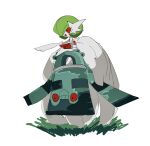  1girl arm_up bare_shoulders bob_cut bronzong colored_skin commentary dress elbow_gloves english_commentary flat_chest floating full_body gardevoir gloves grass green_hair hair_over_one_eye happy highres long_dress mega_gardevoir mega_pokemon mixed-language_commentary one_eye_covered open_mouth outstretched_arm pointing pokemon pokemon_(creature) red_eyes short_hair simple_background sketch smile strapless strapless_dress takashi_(pixiv_80298118) white_background white_dress white_gloves white_skin 