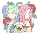  2girls anemone_(eureka_seven) anemone_(flower) aqua_hair blue_dress closed_mouth copyright_name cropped_torso dress eureka_(eureka_seven) eureka_seven eureka_seven_(series) flower gulliver_(eureka_seven) hair_ornament hairclip jewelry long_hair looking_at_viewer multiple_girls neck_ring nekkikamille pink_eyes pink_hair short_hair side-by-side sidelocks smile two-tone_dress violet_eyes white_dress 