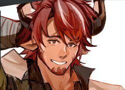  1boy animal_ears arknights beard cow_boy cow_ears cow_horns facial_hair goatee hand_on_own_neck highres horns humus_(arknights) male_focus multicolored_hair mutton_chops portrait qiuhai_(xiaotaiyang167) redhead short_hair sideburns sketch smile solo streaked_hair 