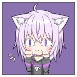  1girl :3 ahoge animal_ear_fluff animal_ears ashen_lotus black_choker black_sweater blush cat_ears cat_girl chibi choker closed_mouth crossed_bangs highres hololive light_purple_hair long_sleeves medium_hair nekomata_okayu sidelocks simple_background smile solo sweater upper_body violet_eyes virtual_youtuber 