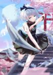  1girl absurdres arm_up blue_eyes bob_cut breasts cherry_blossoms day foot_out_of_frame foreshortening green_skirt green_vest grey_hair hair_ribbon hairband highres hitodama holding holding_sword holding_weapon katana kh4c konpaku_youmu konpaku_youmu_(ghost) looking_at_viewer lunging outdoors perspective petals ribbon serious short_hair short_sleeves skirt sleeves_past_elbows small_breasts solo standing standing_on_one_leg sword torii touhou vest weapon 