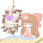  2girls :&gt; :t bandaid bandaid_on_head barefoot black_hair blush_stickers bow bowtie brown_hair chibi closed_eyes commentary_request cup cushion dress full_body hair_bow hakurei_reimu hanging holding holding_cup horns kijin_seija long_hair long_sleeves medium_hair multicolored_hair multiple_girls natsu_(tohotiara) purple_bow purple_bowtie red_bow red_shirt red_skirt redhead rope seiza shirt simple_background sitting skirt smile streaked_hair sweatdrop touhou upside-down white_background white_dress white_hair wide_sleeves zabuton 