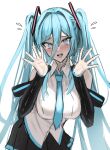  @_@ aqua_eyes aqua_hair aqua_nails aqua_necktie black_skirt blush commentary fingerless_gloves gloves hana_hebi hatsune_miku highres long_hair mole mole_under_eye necktie shirt skirt smile spring_onion sweat twintails very_long_hair vocaloid white_shirt 