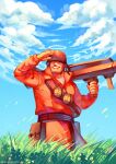  1boy arm_up berrypuff_bird blue_sky clouds covered_eyes day explosive facing_viewer grass grenade halo hat helmet highres male_focus outdoors shading_eyes sky smile soldier_(tf2) solo team_fortress_2 