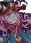  1boy absurdres blue_eyes blue_lips cape clown colored_skin curly_hair demon_boy fate/grand_order fate_(series) fur-trimmed_cape fur_trim hands_on_own_cheeks hands_on_own_face hat headpiece highres long_hair looking_at_viewer loveyama makeup male_focus mephistopheles_(fate) multicolored_eyes pink_hair simple_background solo teardrop upper_body violet_eyes white_background white_skin 