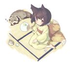  1girl animal_ears barefoot black_hair bob_cut brown_eyes closed_mouth cup fox_ears fox_girl fox_tail from_above full_body hand_fan holding holding_fan japanese_clothes kimono kukuri_(mawaru) long_sleeves looking_at_viewer mawaru_(mawaru) multiple_tails obi original raccoon sash short_hair simple_background sitting smile soles solo tail teacup teapot toes white_background yellow_kimono 
