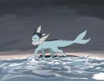  =_= animal_focus clouds cloudy_sky commentary day english_commentary from_side full_body grey_sky highres mixed-language_commentary no_humans outdoors pawpads pokemon pokemon_(creature) profile sky solo standing standing_on_liquid takashi_(pixiv_80298118) vaporeon walking water 