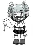  1girl bags_under_eyes blunt_bangs blush boku_no_hero_academia double_bun fangs hair_bun highres holding holding_knife knife long_sleeves mask messy_hair monochrome mouth_mask neckerchief oda_inu open_mouth pleated_skirt school_uniform serafuku shoes short_hair sidelocks skirt sleeves_past_wrists socks solo teeth toga_himiko white_background 