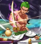  1boy abs absurdres artist_name blurry blurry_background green_hair highres holding holding_sword holding_weapon male_focus navel nipples one_eye_closed one_piece roronoa_zoro scar scar_across_eye scar_on_chest scar_on_face short_hair solo spunkyramaz sword topless_male weapon 