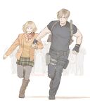  1boy 1girl ashley_graham biceps black_gloves black_shirt blonde_hair bob_cut boots brown_hair closed_eyes curtained_hair fingerless_gloves gloves grimace holding_hands holster holstered knife_holster leon_s._kennedy muscular muscular_male orange_shirt pantyhose resident_evil resident_evil_4 resident_evil_4_(remake) running sardine_(kjr0313) shirt short_hair shoulder_holster snap-fit_buckle sweat t-shirt thigh_holster tight_clothes tight_shirt weapon 