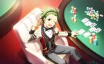  1boy ahoge black_bow black_bowtie bow bowtie card fingernails green_eyes green_hair highres idolmaster idolmaster_side-m idolmaster_side-m_live_on_stage! long_sleeves male_focus mitarai_shouta official_art pants poker_chip shoes teeth upper_teeth_only v 