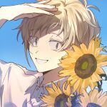  1boy :d blonde_hair blue_sky buttons choppy_bangs collared_shirt colored_eyelashes commentary day flower hand_on_own_head highres kagerou_project kano_shuuya leaf light_brown_hair looking_at_viewer male_focus mokemoke_chan open_mouth outdoors shirt short_hair sideways_glance sky smile solo sunflower sunlight teeth upper_body white_shirt yellow_eyes yellow_flower 