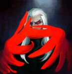  1boy black_background black_shirt covered_mouth feathered_wings glowing glowing_eyes highres league_of_legends long_hair looking_at_viewer male_focus mature_male old old_man one_eye_covered ovsosito red_eyes red_wings shirt solo swain_(league_of_legends) white_hair wings 