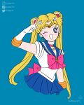  1girl artist_logo bishoujo_senshi_sailor_moon blonde_hair blue_background blue_eyes blue_sailor_collar blue_skirt bow bowtie choker commentary crescent double_bun earrings english_commentary facebook_username gloves guibley33 hair_bun hair_ornament highres instagram_username jewelry long_hair looking_at_viewer magical_girl one_eye_closed pink_bow pink_bowtie sailor_collar sailor_moon sailor_senshi_uniform simple_background skirt solo tiara tsukino_usagi twintails twitter_username v white_gloves 
