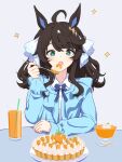  1girl ahoge animal_ears black_hair cake carrot casual commentary_request daring_tact_(umamusume) desert eating food hair_ornament highres horse_ears horse_girl juice kashmir_0808 looking_at_viewer medium_hair open_mouth portrait simple_background solo sparkle spoon table umamusume white_background 