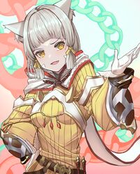  1girl :d absurdres animal_ears belt breasts brown_hair cat_ears cat_girl dagger fangs gloves hand_on_own_hip highres jumpsuit knife mochigana nia_(xenoblade) open_mouth sheath sheathed short_hair smile solo upper_body weapon white_gloves white_hood xenoblade_chronicles_(series) xenoblade_chronicles_2 yellow_eyes yellow_jumpsuit 