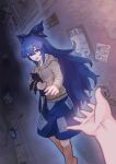  1girl absurdres alley blue_bow blue_hair blue_skirt bow can cigarette_butt crushed_can crying crying_with_eyes_open debt grey_hoodie highres hood hood_down hoodie kaenbyou_rin kaenbyou_rin_(cat) kijin_seija kou_syu_27 long_hair monster_energy poster_(object) reaching reaching_towards_viewer skirt stuffed_animal stuffed_cat stuffed_toy tears touhou trash_bag trash_can wanted yorigami_shion 