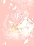  1girl blonde_hair dress english_text hat highres itomugi-kun lily_white long_hair long_sleeves open_mouth petals pink_background profile shoes solo touhou white_dress white_footwear white_headwear wide_sleeves yellow_eyes 