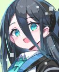  1girl :d aqua_eyes aqua_necktie aris_(blue_archive) black_hair black_hairband blue_archive commentary_request green_background hair_between_eyes hairband highres long_hair looking_at_viewer necktie omochishiki open_mouth simple_background smile solo teeth upper_body upper_teeth_only 