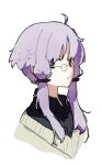  1girl ahoge black_eyes black_shirt bright_pupils brown_cardigan cardigan collared_shirt commentary_request cropped_shoulders from_side glasses hair_ornament hitogome light_purple_hair looking_to_the_side low-cut open_mouth round_eyewear shirt short_hair_with_long_locks simple_background solo vocaloid voiceroid white_background white_pupils yuzuki_yukari 