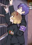  1boy 1girl black_jacket black_pants black_sweater bookshelf breasts brown_hair commentary_request hairband indoors jacket lobotomy_corporation long_sleeves malkuth_(project_moon) medu_(rubish) necktie pants project_moon purple_hair reaching red_armband red_hairband red_necktie ribbed_sweater shirt short_hair small_breasts sweater turtleneck turtleneck_sweater white_shirt yesod_(project_moon) 