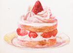  cake food food_focus fruit highres nanohana-chan no_humans original plate simple_background still_life strawberry strawberry_shortcake traditional_media white_background 