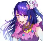  &gt;:) 1girl :d bare_shoulders blue_hair commentary_request eyelashes frilled_gloves frills gloves hair_between_eyes hair_ornament hair_ribbon hair_spread_out heart hoshino_ai_(oshi_no_ko) hyoe_(hachiechi) idol light_blush lips long_hair looking_at_viewer one_side_up open_mouth oshi_no_ko pink_gloves pink_ribbon pink_shirt rabbit_hair_ornament ribbon shirt sidelocks simple_background smile solo star-shaped_pupils star_(symbol) swept_bangs symbol-shaped_pupils teeth upper_body v v-shaped_eyebrows v_over_mouth very_long_hair violet_eyes white_background 