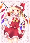  1girl :d ascot blonde_hair chisiro_unya_(unya_draw) crystal fang flandre_scarlet flat_chest food fruit hat holding holding_food holding_fruit looking_at_viewer medium_hair mob_cap nail_polish one_side_up pointy_ears red_eyes red_nails red_vest simple_background skirt skirt_set smile solo sparkle touhou vest white_background wings wrist_cuffs yellow_ascot 