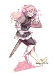  1girl ;d arm_shield boots fire_emblem fire_emblem_fates full_body gambeson gloves graysheartart hair_between_eyes hairband heart high_heel_boots high_heels highres long_hair looking_at_viewer one_eye_closed open_mouth pink_hair salute sheath sheathed shield smile soleil_(fire_emblem) solo sword teeth twitter_username upper_teeth_only weapon white_background white_footwear white_gloves white_hairband yellow_eyes 
