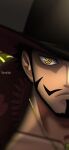  1boy artofide black_hair black_headwear closed_mouth collar dracule_mihawk facial_hair hat highres jewelry looking_at_viewer male_focus mustache necklace one_piece short_hair sideburns solid_eyes solo 