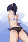  13286562332 1girl absurdres ass back bikini black_hair blush gridman_universe highres looking_at_viewer lying on_stomach orange_scrunchie ponytail scrunchie side-tie_bikini_bottom ssss.gridman swimsuit takarada_rikka 