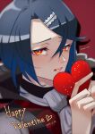  1boy alcryst_(fire_emblem) asan5528 ascot blue_hair fire_emblem fire_emblem_engage hair_between_eyes hair_ornament hairclip heart highres holding looking_at_viewer male_focus red_background red_eyes short_hair solo valentine white_ascot 