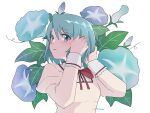  1girl adjusting_hair artist_name blue_eyes blue_flower commentary_request floral_background flower flower_request hair_ornament highres juliet_sleeves kotori_gaku long_sleeves mahou_shoujo_madoka_magica miki_sayaka mitakihara_school_uniform neck_ribbon parted_lips puffy_sleeves red_ribbon ribbon school_uniform short_hair solo upper_body white_background 