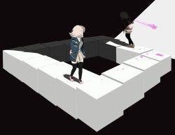  2girls animal_bag black_thighhighs blood brown_hair brown_shoes cat_bag collared_shirt commentary danganronpa_(series) danganronpa_2:_goodbye_despair danganronpa_3_(anime) dual_persona facing_another flipped_hair hair_ornament highres hood jacket kmnm_1403 long_sleeves medium_hair multiple_girls nanami_chiaki open_clothes open_jacket pink_blood pink_shoes shirt shoes skirt thigh-highs untranslatable_commentary white_shirt 
