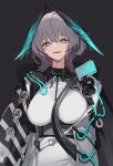  1girl aqua_eyes arknights black_background breasts dress grey_hair head_wings highres ho&#039;olheyak_(arknights) jason_kim large_breasts long_sleeves looking_at_viewer open_clothes revision short_hair simple_background smile solo tail white_dress wings 