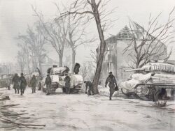  6+boys atelier_bono battle_of_the_bulge churchill_(tank) clouds cloudy_sky commentary_request highres m4_sherman military_jeep military_vehicle motor_vehicle multiple_boys original painting_(medium) ruins sky snow tank traditional_media tree watercolor_(medium) white_sky winter world_war_ii 