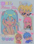  2boys 4girls aqua_hair bare_shoulders blonde_hair blue_eyes blue_hair blush bow brother_and_sister brown_eyes brown_hair cake character_name commentary copyright_name english_commentary food grey_background hair_between_eyes hair_ornament hairclip hands_on_own_face happy_birthday hatsune_miku heart highres kagamine_len kagamine_rin kaito_(vocaloid) littlebunniboo long_hair looking_at_viewer megurine_luka meiko_(vocaloid) multiple_boys multiple_girls one_eye_closed open_mouth pink_hair shirt short_hair siblings sleeveless sleeveless_shirt smile spring_onion twintails twitter_username vocaloid white_bow 