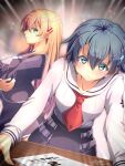  2girls absurdres ahoge blonde_hair blue_eyes breasts crossed_arms green_eyes grey_hair highres hiiragi_asuka ikushima_sora large_breasts long_hair looking_at_viewer multiple_girls necktie pout red_necktie school_uniform short_hair tinybiard tokyo_xanadu uniform 