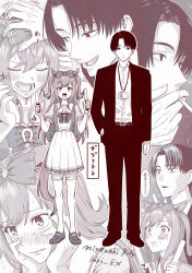  1boy 1girl agnes_digital_(umamusume) artist_name birii blush bow bowtie collared_shirt dual_wielding embarrassed glowstick greyscale hair_bow hand_in_pocket headpat highres holding holding_glowstick jacket lanyard loafers long_hair long_sleeves looking_at_another looking_at_viewer monochrome open_clothes open_jacket pants parted_bangs penlight_(glowstick) pleated_skirt sailor_collar school_uniform shirt shoes short_hair short_sleeves skirt smoking speech_bubble standing summer_uniform sweat thigh-highs tracen_school_uniform trainer_(umamusume) translation_request two_side_up umamusume 