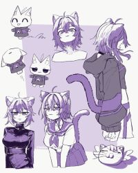  1girl :3 ahoge animal_ears ascot cat_ears cat_girl cat_tail chibi commentary highres hololive jumping monochrome motion_lines multiple_views nanamini_7732 nekomata_okayu nekomata_okayu_(1st_costume) school_uniform serafuku simple_background slit_pupils sweater tail turtleneck turtleneck_sweater virtual_youtuber whiskers 