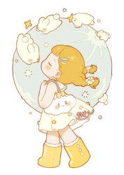  1girl absurdres artist_name blonde_hair blush blush_stickers boots braid closed_eyes clouds dress flower full_body hair_flower hair_ornament hairclip highres lidaz long_hair moon original profile rubber_boots sailor_collar signature sleeveless sleeveless_dress solo star_(symbol) twin_braids twintails white_background white_dress white_flower 