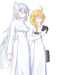  2girls aesc_(fate) aesc_(rain_witch)_(fate) ao_dai black_bow blonde_hair blue_eyes book bow braid breasts dress fate/grand_order fate_(series) glasses grey_hair gudagudaman hair_bow half_up_braid highres holding holding_book large_breasts long_hair long_sleeves looking_at_viewer morgan_le_fay_(fate) multiple_girls pants ponytail round_eyewear sidelocks simple_background smile very_long_hair vietnamese_clothes white_background white_pants 