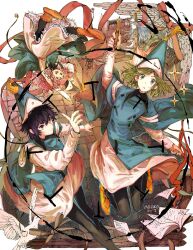  4girls agott_arklaum_(tongari_boushi_no_atelier) aqua_cloak artist_name beldaruit_(tongari_boushi_no_atelier) bird black_hair black_leggings casting_spell cloak coco_(tongari_boushi_no_atelier) commentary conical_hat curly_hair drawing_on_air dress english_commentary green_eyes green_hair grey_hair hat hat_tassel highres holding holding_pen ink leggings long_hair medium_hair mogiko_(giulia_monti) multiple_girls nervous_sweating nib_pen_(object) pen pigeon pink_eyes pink_hair qifrey's_atelier_apprentice_uniform short_hair sigil smile surprised sweat tetia_(tongari_boushi_no_atelier) tongari_boushi_no_atelier upside-down violet_eyes wizard_hat 