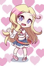 1girl ;d arm_up black_skirt blonde_hair breasts character_name commentary_request crop_top cropped_shirt curled_fingers duplicate highres ikizulive!_love_live!_bluebird konohana_aurora leg_up long_hair long_sleeves looking_at_viewer loose_neckerchief love_high_school_uniform love_live! medium_breasts midriff miniskirt nagatsuki_chihoru navel neckerchief one_eye_closed open_hand open_mouth pink_neckerchief pink_shoes pixel-perfect_duplicate pixiv_id pixiv_logo purple_eyes school_uniform shirt shoes sivematsu skirt smile sneakers socks solo standing standing_on_one_leg teeth twitter_username twitter_x_logo upper_teeth_only white_shirt white_socks zoom_layer
