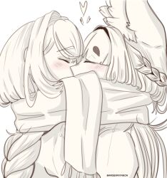  2girls animal_ears arisen_miyabon7 blush closed_eyes commentary english_commentary fox_ears fox_girl greyscale heart highres hoshimi_miyabi kiss long_hair monochrome multiple_girls scarf shared_clothes shared_scarf simple_background sketch tsukishiro_yanagi white_background yuri zenless_zone_zero 