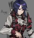  1boy absurdres alcryst_(fire_emblem) armor arrow_(projectile) ascot blue_hair bow_(weapon) buckle closed_mouth fire_emblem fire_emblem_engage hair_between_eyes hair_ornament hairclip haru_nuri high_collar highres holding long_sleeves looking_at_viewer red_eyes shirt short_hair shoulder_armor simple_background solo vest weapon white_ascot white_shirt 