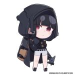  1girl axe belt black_belt black_gloves black_hair blunt_bangs chibi closed_mouth d_(nikke) full_body gloves goddess_of_victory:_nikke grey_footwear grey_shorts hatchet_(axe) highres hood hood_up light_blush light_frown long_sleeves looking_at_viewer official_art red_eyes shorts simple_background solo standing thighs totatokeke white_background 