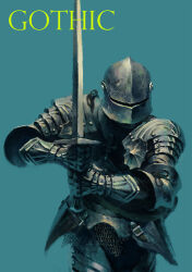  1other absurdres aqua_background armor chainmail commentary couter cuisses gauntlets gothic_plate_armor gweon_jun_young helmet highres holding holding_sword holding_weapon knight original other_focus pauldrons photoshop_(medium) plate_armor rerebrace rondel sallet shoulder_armor simple_background solo sword weapon 