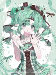  1girl bare_shoulders blush bottle bow chocolate cross-laced_clothes cross-laced_dress dress food frilled_dress frills green_background green_dress green_eyes green_hair hair_ornament hairclip hat highres holding hontangmala horns long_hair looking_at_viewer open_mouth original parted_bangs pastry_bag plaid_clothes plaid_dress pointy_ears ribbon sample_watermark sleeveless sleeveless_dress smile solo twintails upper_body watermark waving x_hair_ornament 